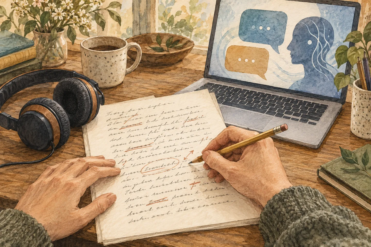 Hands edit a handwritten draft beside headphones and a laptop with speech bubbles.